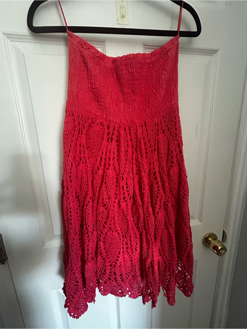 Raviya Bright Coral/Pink Smocked Crochet Dress 100 % Cotton Size M